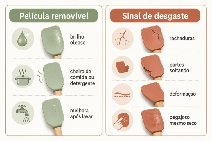 Infográfico compara sinais de película removível e desgaste em utensílios de silicone.