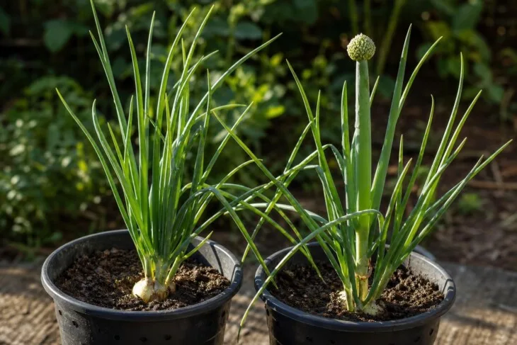 Plantas de cebola em vasos, uma com folhas verdes e outra emitindo haste floral.
