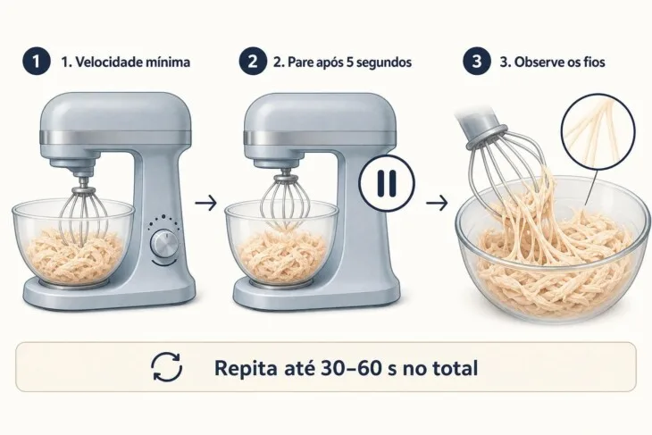 Infográfico com três etapas para desfiar frango em ciclos curtos na batedeira.
