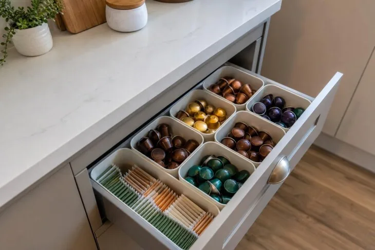 Gaveta organizada com caixas de cápsulas de café sem marcas.