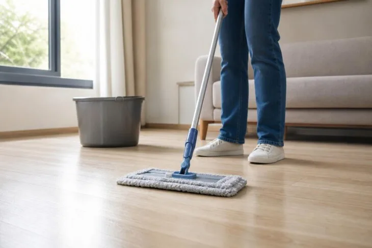 Pessoa limpa piso laminado com mop de microfibra bem torcido.