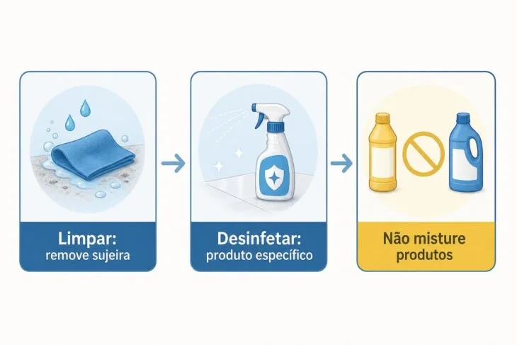 Infográfico mostra que limpar e desinfetar são tarefas diferentes e alerta para não misturar produtos.