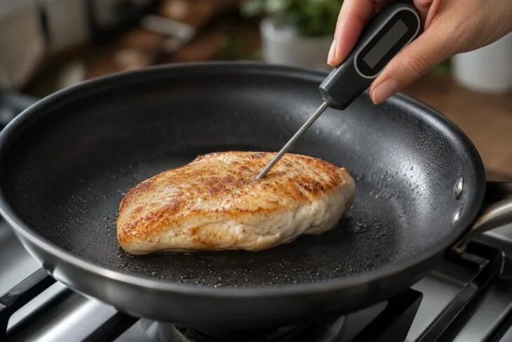 Termômetro culinário medindo a temperatura no centro de um peito de frango na frigideira.