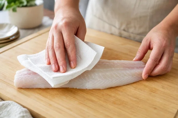 Mãos secando um filé de peixe com papel-toalha sobre uma tábua.