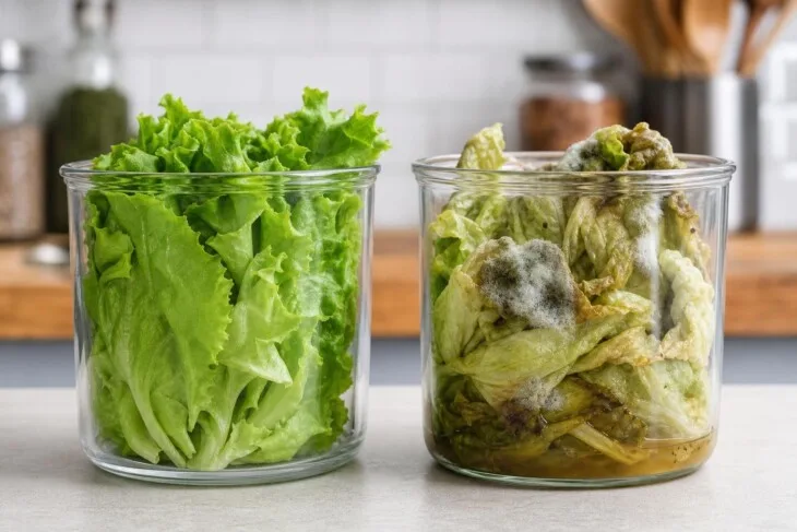 Comparação entre alface fresca e alface com mofo e líquido acumulado no pote.