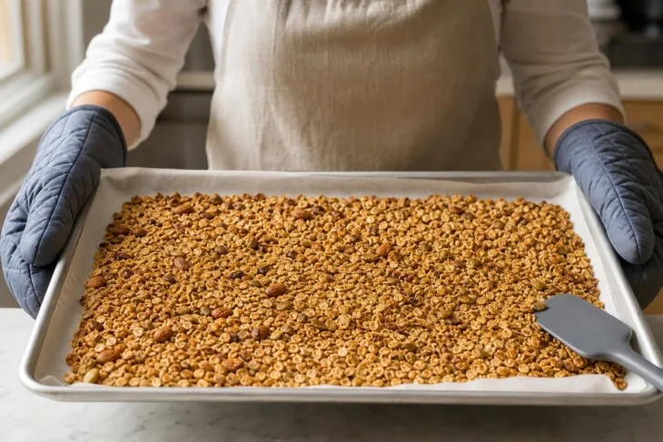 Assadeira com camada fina de cereal de aveia dourado após sair do forno.