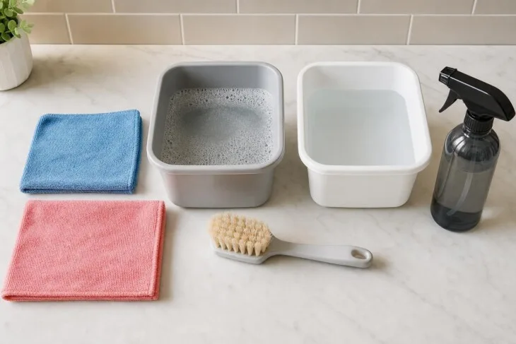 Dois panos, recipientes com água e escova macia preparados para limpar azulejos.