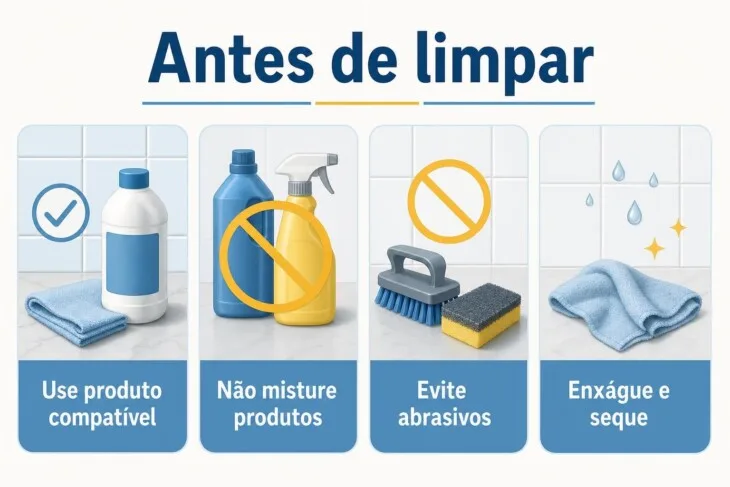 Infográfico com quatro cuidados para limpar azulejo e rejunte com segurança.