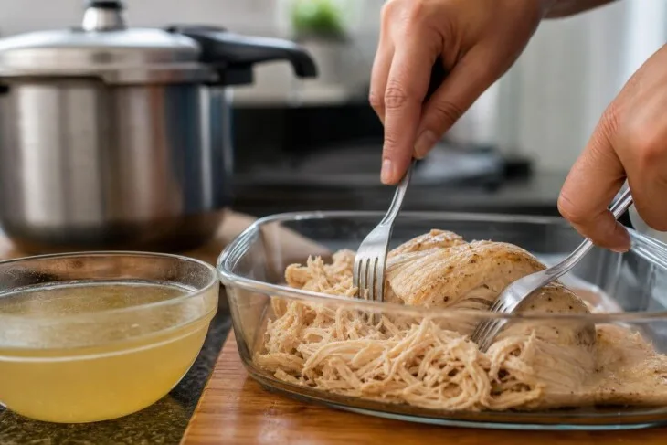 Mãos desfiando frango cozido com dois garfos sobre uma travessa.