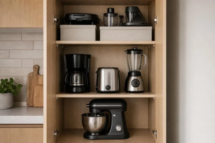 Armário de cozinha com eletrodomésticos distribuídos em prateleiras conforme a frequência de uso.