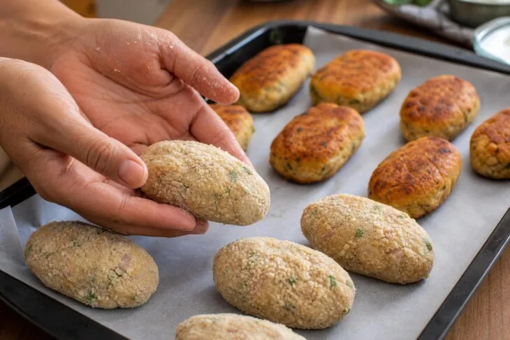 Bolinhos de atum modelados em assadeira, com unidades douradas ao fundo.