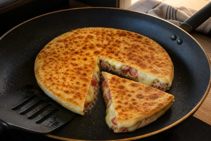 Tortilha recheada com atum e queijo dourando em frigideira.