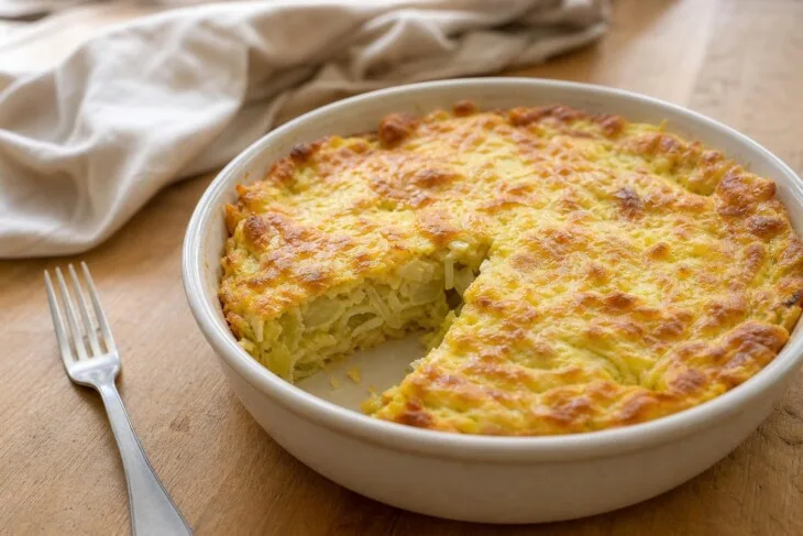 Omelete de forno cortada, com tiras de repolho e superfície dourada.