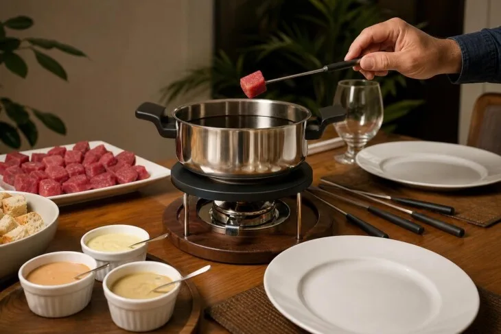 Pessoa usando garfo longo para cozinhar carne em panela de fondue sobre a mesa.