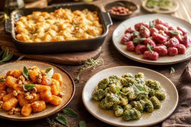 Nhoques de abóbora, beterraba, espinafre e semolina em diferentes preparos.