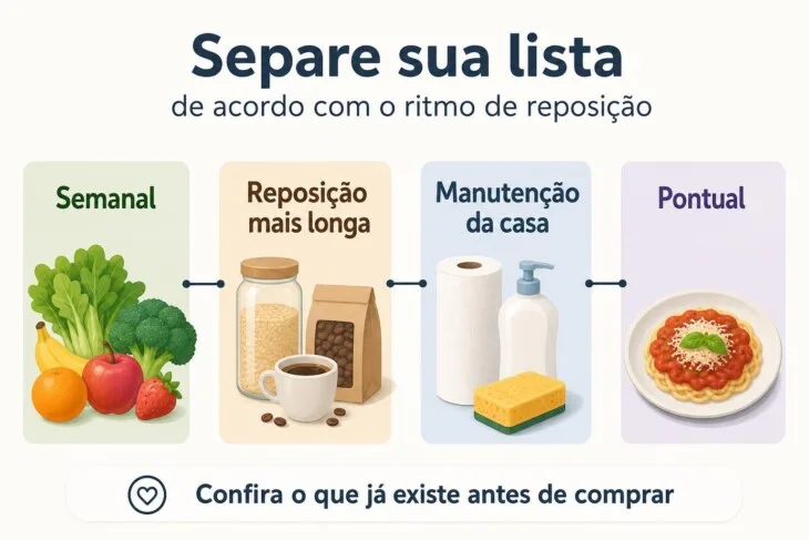 Infográfico com quatro ritmos de reposição para organizar a lista de compras.