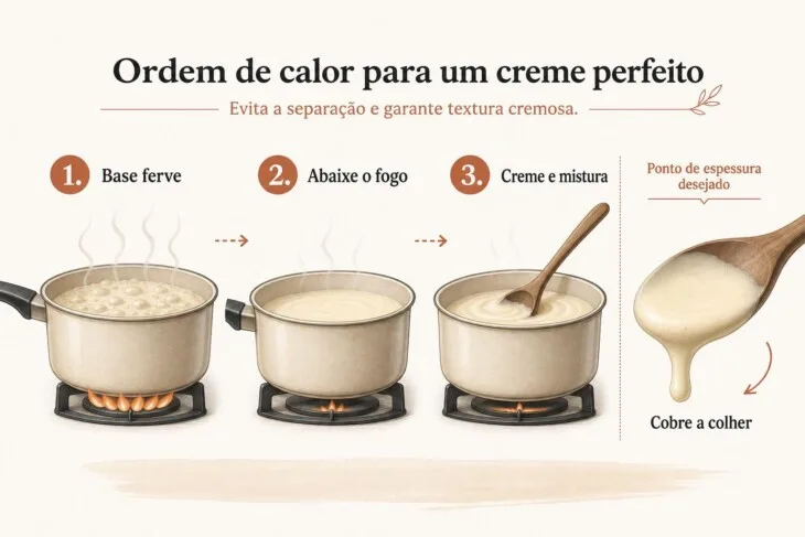 Infográfico mostra que o creme de leite deve entrar depois que o fogo é abaixado.