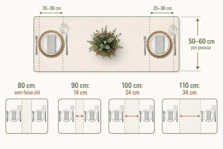 Diagrama mostra o espaço ocupado pelos lugares à mesa e a faixa central disponível em diferentes larguras de tampo.