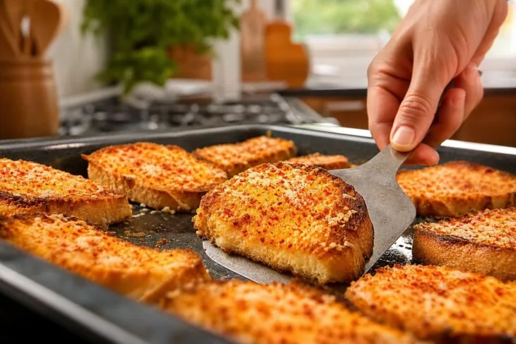 Torradas com parmesão e páprica douradas em uma assadeira.