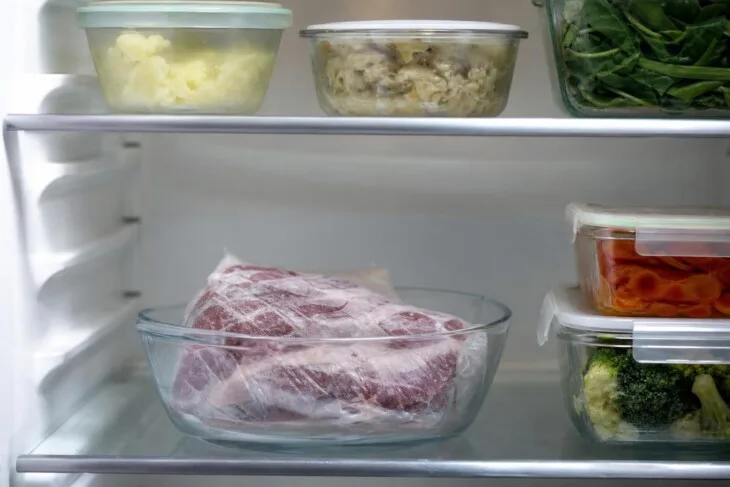 Pacote de carne descongelando dentro de uma tigela na prateleira inferior da geladeira.