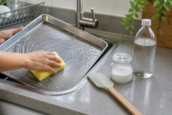 Pessoa limpando uma assadeira de aço inox com esponja macia.