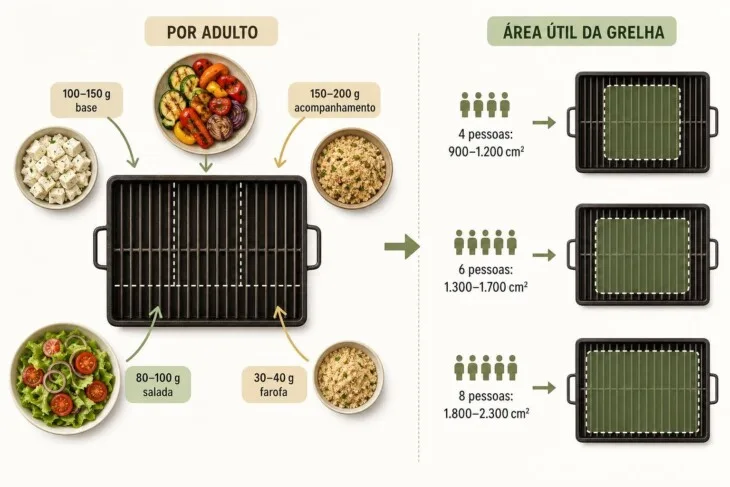 Infográfico com porções por adulto e organização da grelha conforme o número de pessoas.