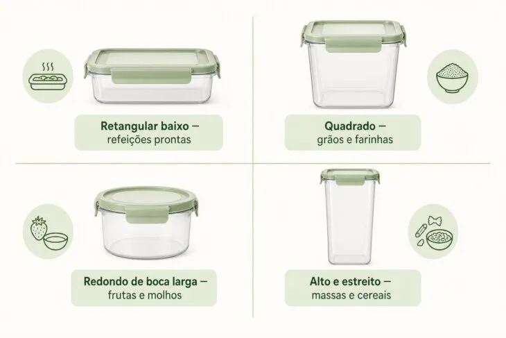 Infográfico compara pote retangular, quadrado, redondo e alto com seus principais usos.