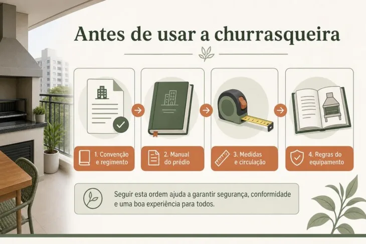 Infográfico com quatro verificações antes de usar churrasqueira no apartamento: regras, manual, medidas e equipamento.