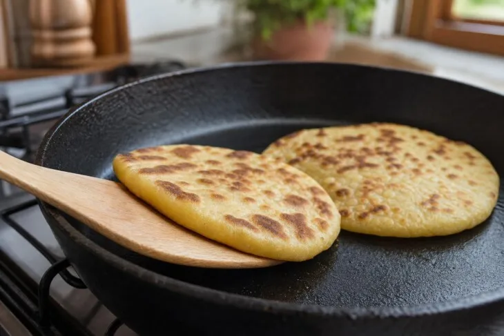 Pães de iogurte dourando em frigideira de ferro.
