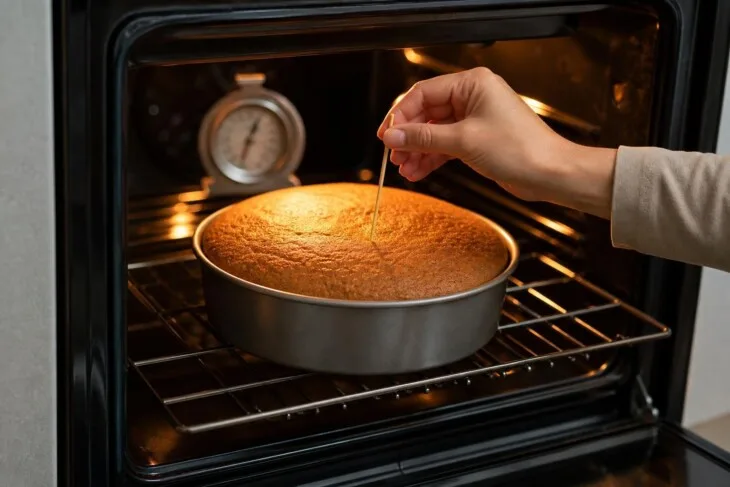 Pessoa verifica com um palito o ponto de um bolo assando na grade central do forno.