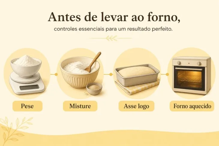 Infográfico com quatro cuidados para evitar bolo solado: pesar, misturar, assar logo e aquecer o forno.
