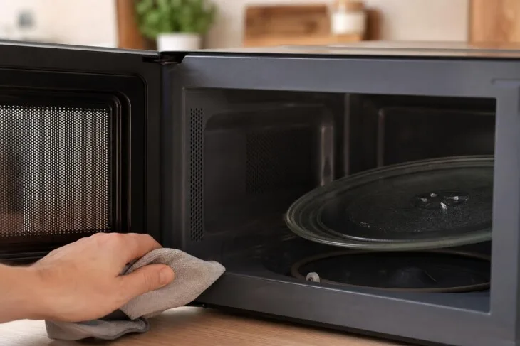 Pessoa limpa a vedação e o interior de um micro-ondas com pano macio.