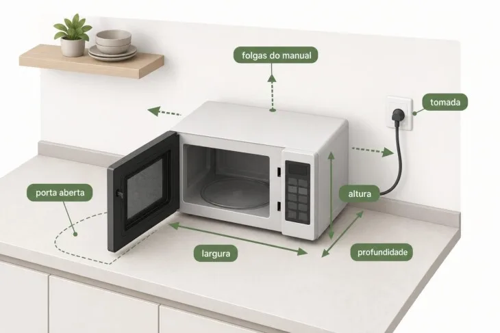 Diagrama mostra as medidas e folgas necessárias para instalar um micro-ondas de bancada.