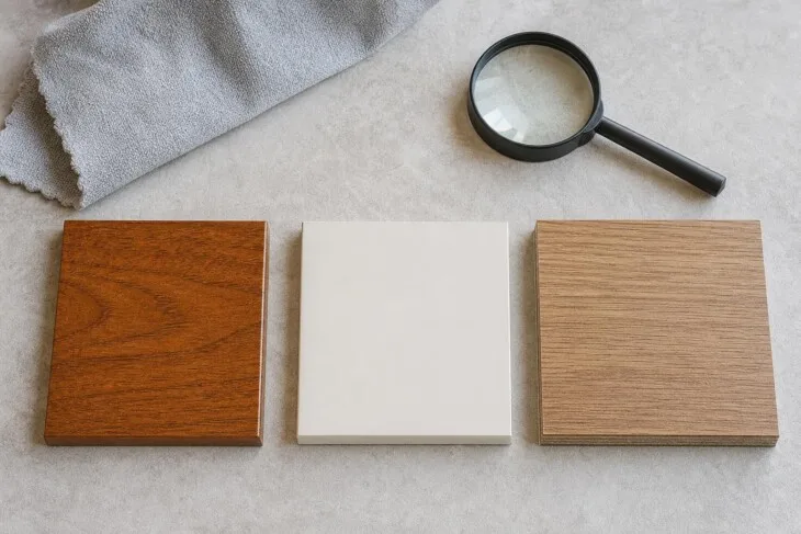 Amostras de madeira envernizada, MDF pintado e laminado amadeirado sobre uma bancada.