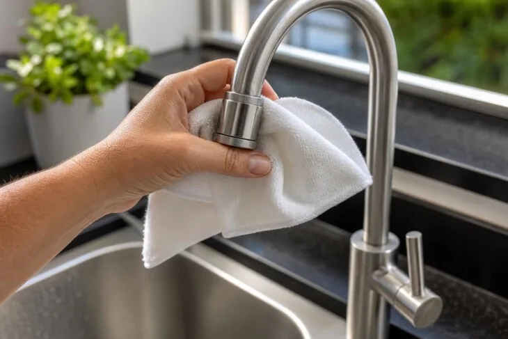 Mão seca uma torneira de cozinha com pano de microfibra.
