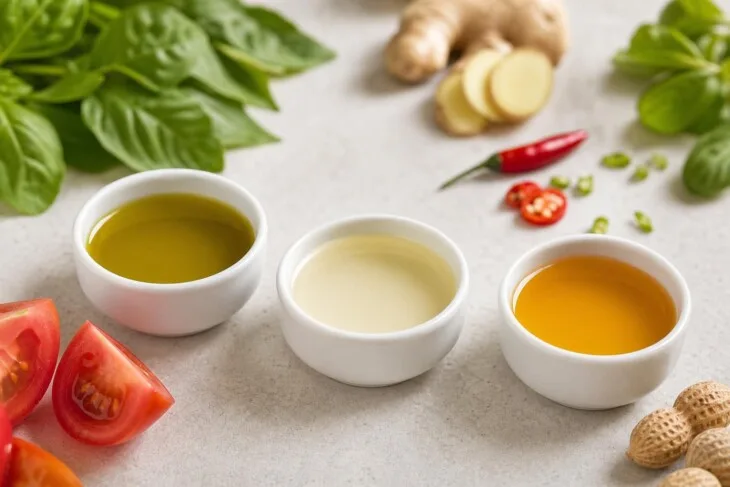 Pequenos potes com azeite extravirgem e óleos de amendoim de cores diferentes.