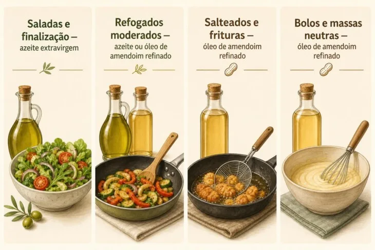 Infográfico indica azeite para saladas e óleo de amendoim refinado para frituras e massas neutras.