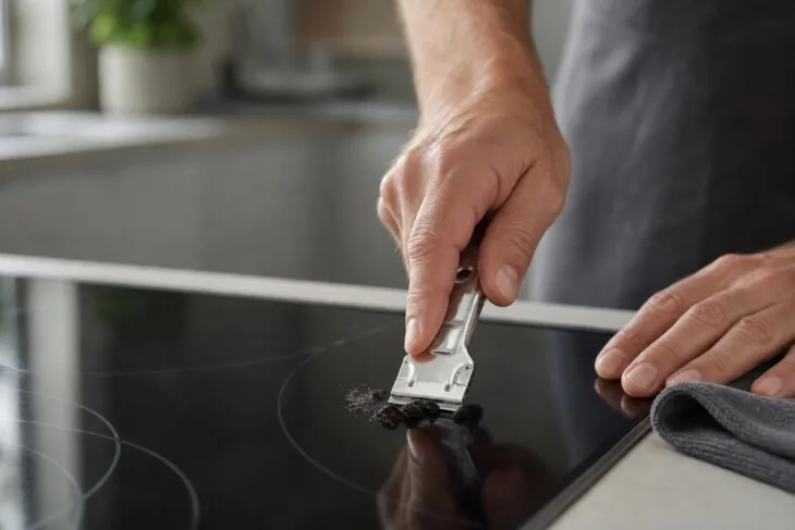 Mãos removendo resíduo queimado de cooktop de vidro com raspador próprio.