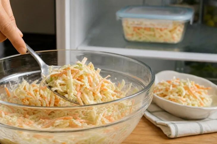 Colher misturando salada de repolho cremosa com molho aderido aos vegetais.