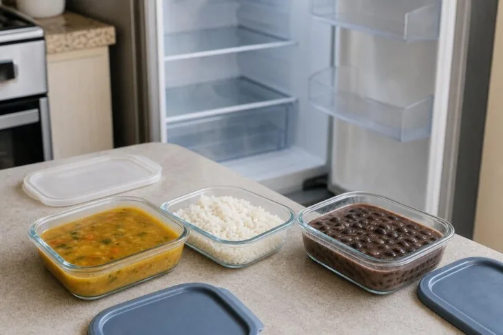 Porções rasas de sopa, arroz e feijão em recipientes de vidro prontas para ir à geladeira.