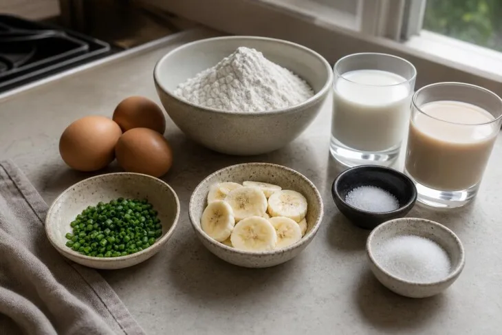 Ingredientes para versões doce e salgada de panqueca sobre uma bancada.