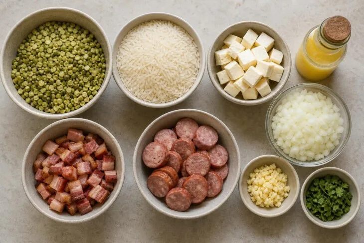 Ingredientes medidos para preparar baião de dois com feijão-verde.