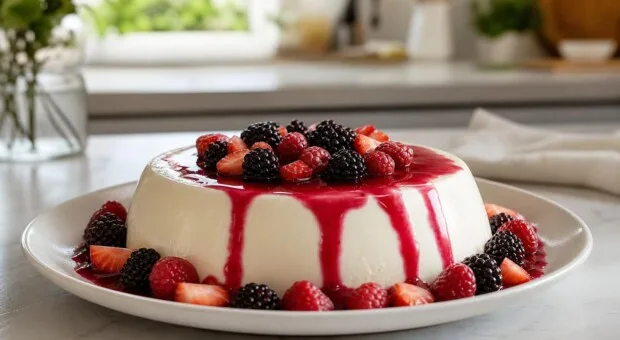 Pudim de geladeira com calda de frutas vermelhas, sem usar forno