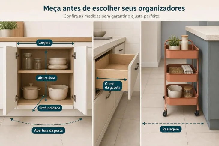Infográfico mostra os pontos que devem ser medidos em armários, gavetas e corredores da cozinha.