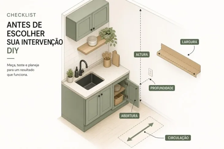 Diagrama com os pontos para medir bancada, parede e abertura de armários antes de decorar.