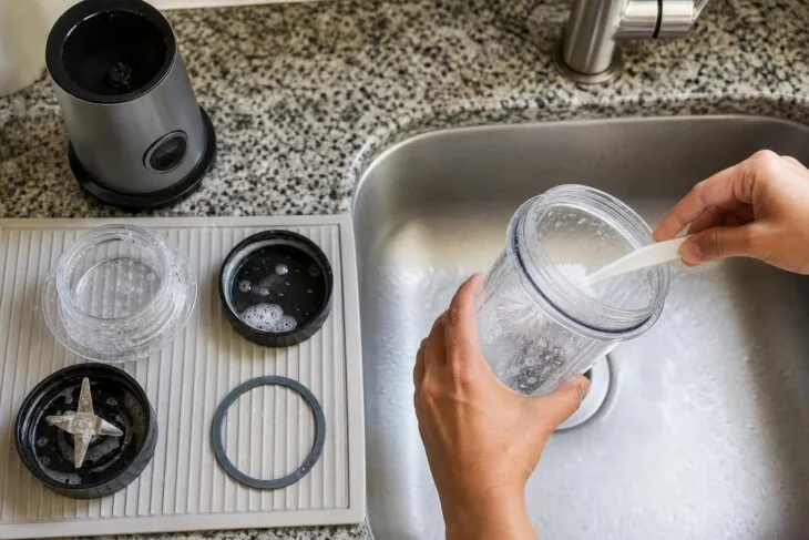 Peças de liquidificador individual separadas para limpeza ao lado da pia.