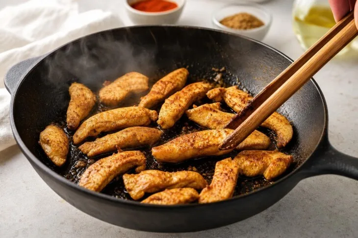 Tiras de peito de frango com páprica e cominho dourando em uma frigideira.