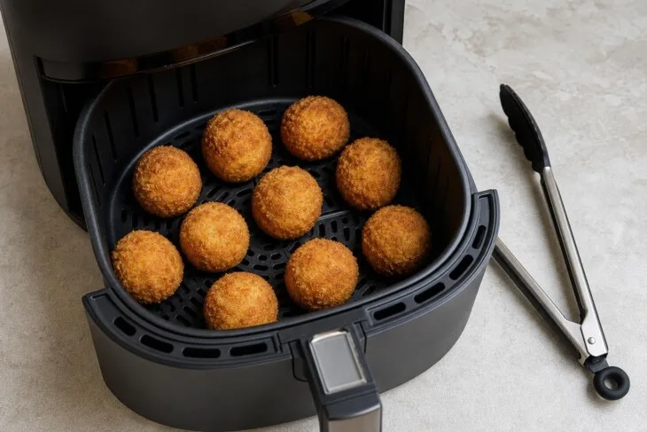 Bolinhos de carne dourados em uma cesta de air fryer.