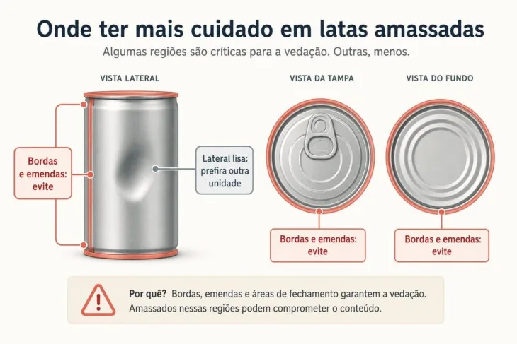 Diagrama de lata mostrando bordas e emendas como áreas que não devem estar amassadas.