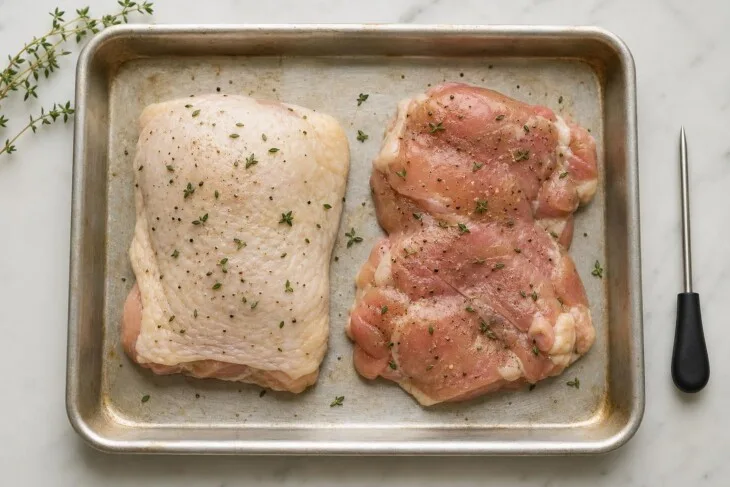 Coxas e sobrecoxas desossadas e abertas em assadeira, prontas para cozinhar.